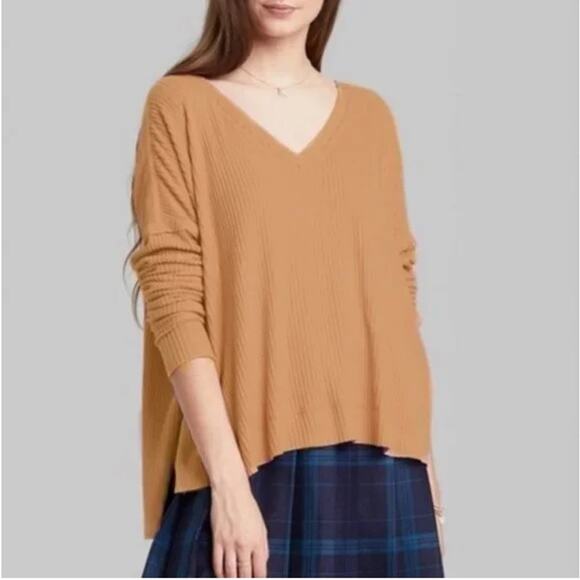 Ribbed Sweater‎ Long Sleeve V Neck Cozy Wild Fable Brown S Drop Shoulders Casual - Picture 3 of 10